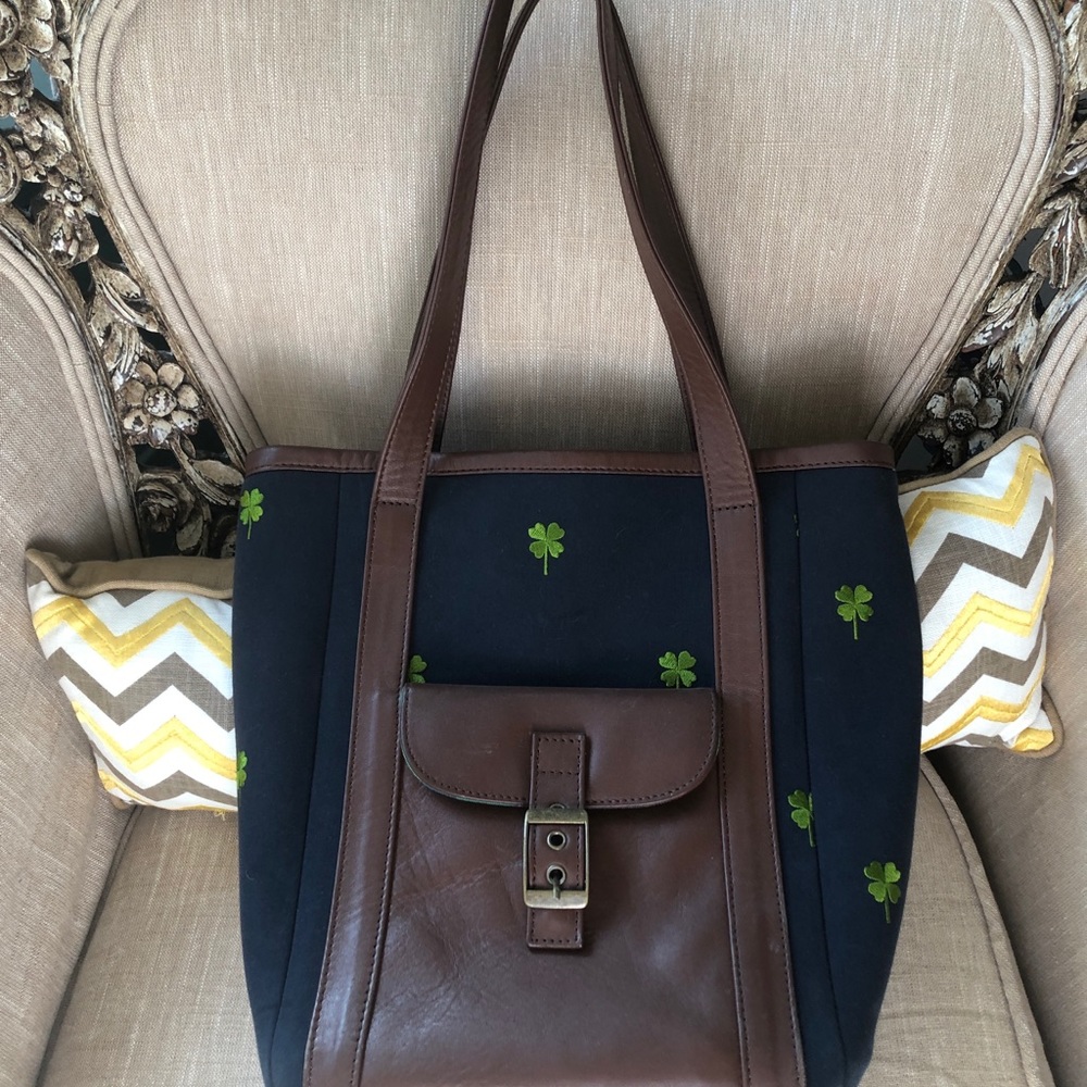 Lilly Pulitzer Navy Shamrock Embroidered Canvas Leather Tote Bag
